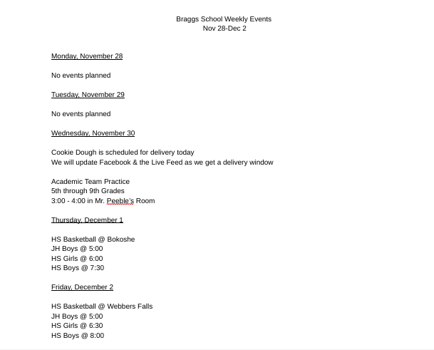 Weekly Events Nov 28-Dec 2